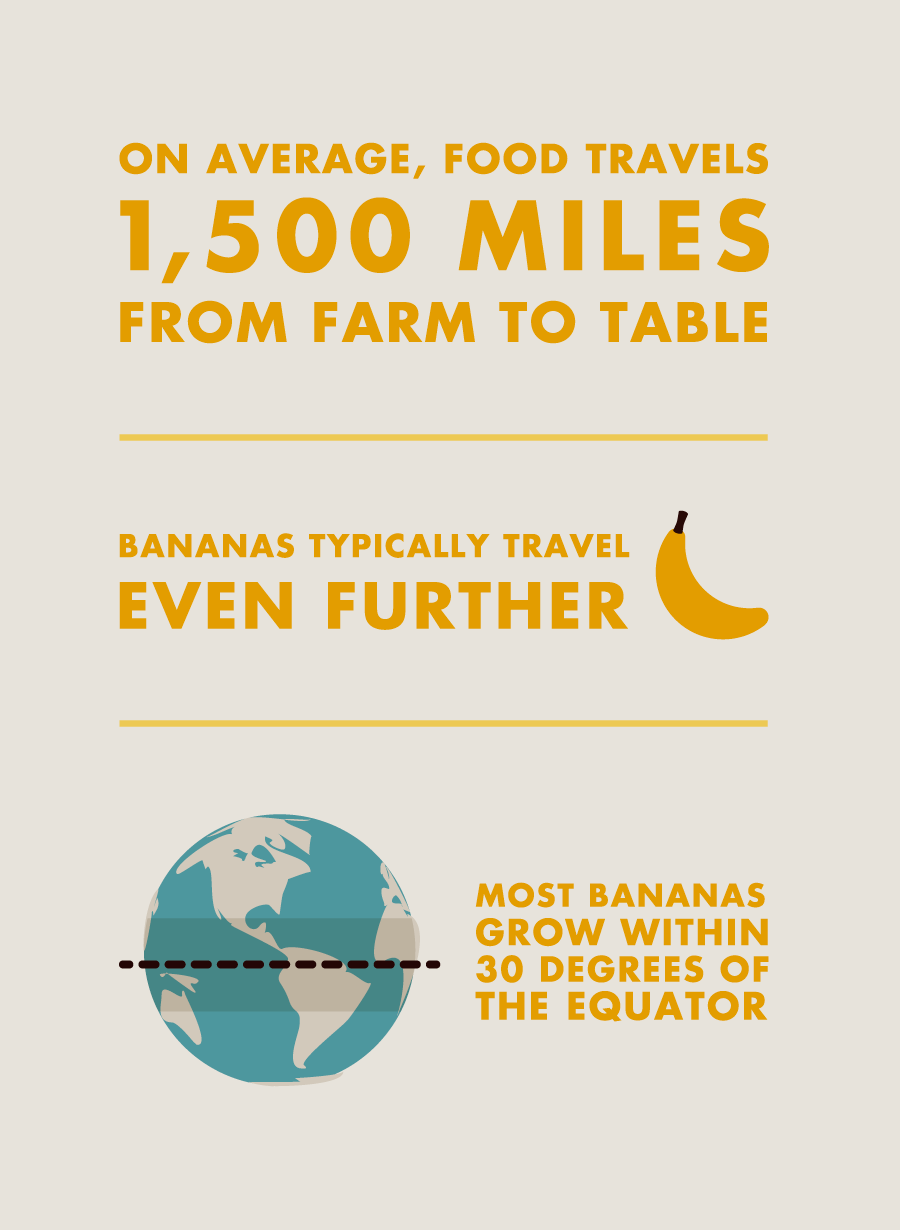 On average, food travels 1,500 miles from farm to table. Bananas typically travel even further. Most bananas grow within 30 degrees of the equator.