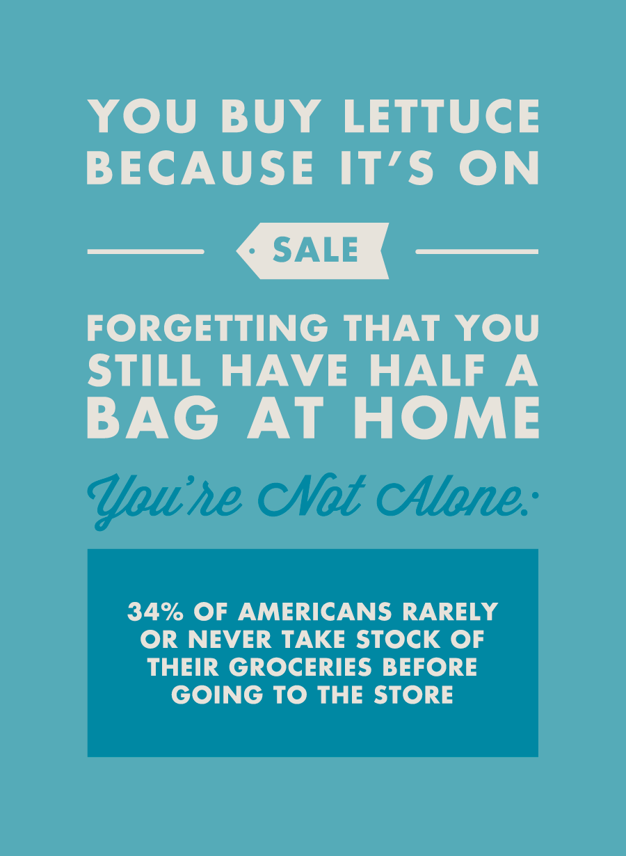 You buy lettuce because it’s on sale forgetting that you still have half a bag at home. You’re not alone: 34% of Americans rarely or never take stock of their groceries before going to the store