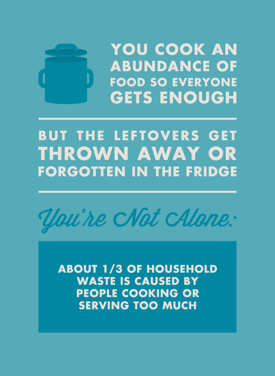 You cook an abundance of food so everyone gets enough, but the leftovers get thrown away or forgotten in the fridge. You’re not alone: About 1/3 of household waste is caused by people cooking or serving too much